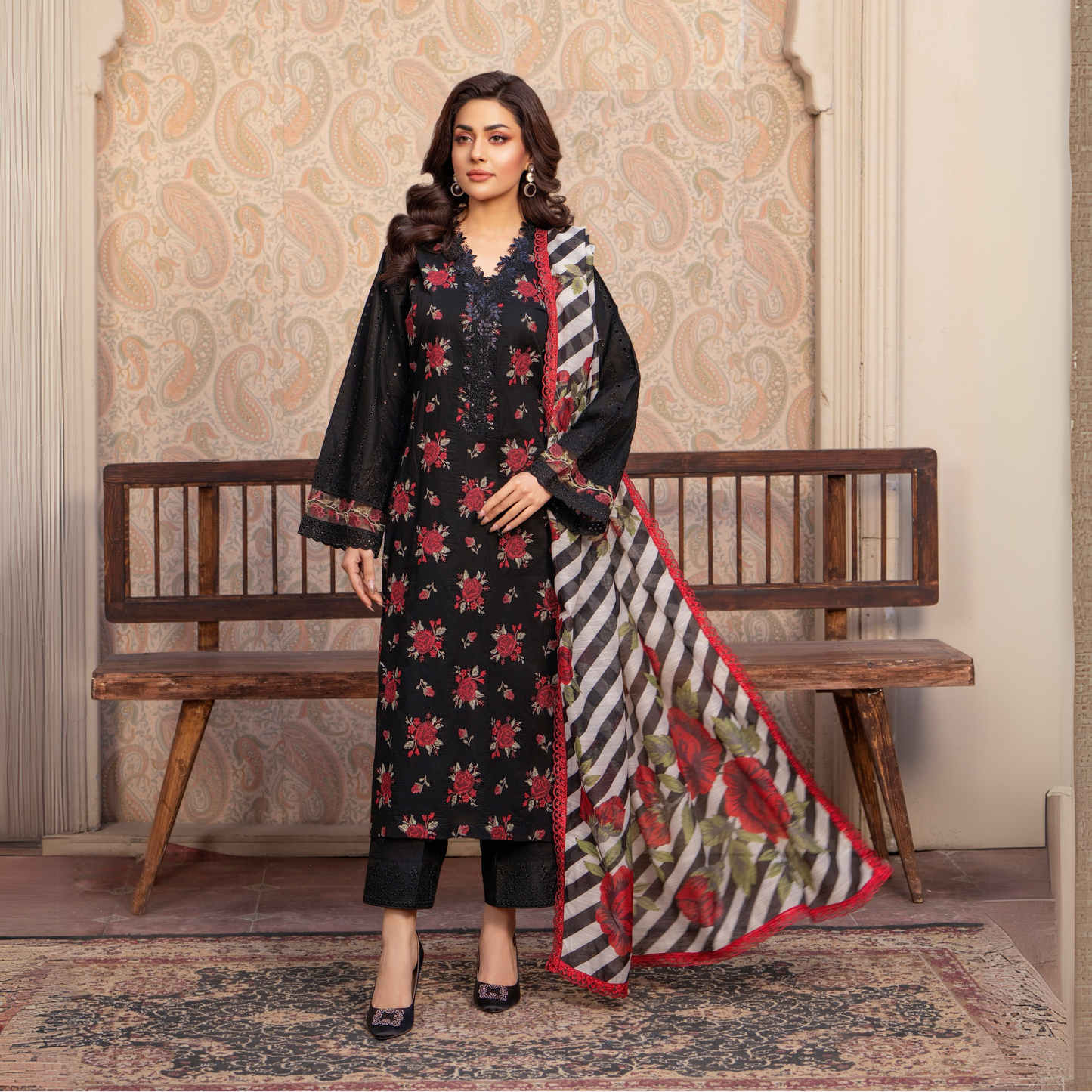UKC-15 Chikenkari Cambric Cotton Ready to Wear Eid Collection 3 Pc - Karma Collection