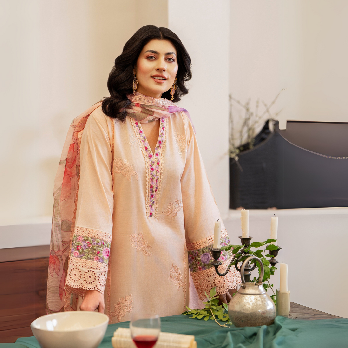 UKC-22 (Pale Peach) Chikenkari Cambric Cotton Ready to Wear Eid Collection 3 Pc - Karma Collection