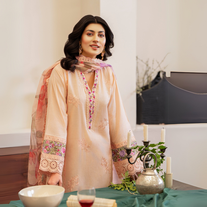 UKC-22 (Pale Peach) Chikenkari Cambric Cotton Ready to Wear Eid Collection 3 Pc - Karma Collection