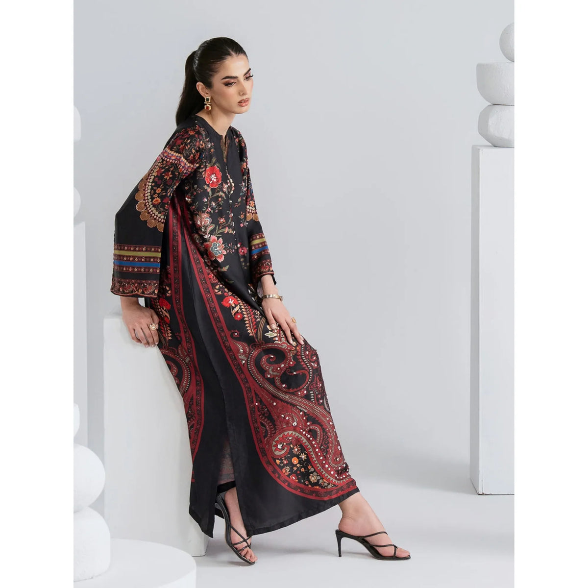 UAL-09 Printed Silk Kaftan with Trouser 2 Pc Set | Ally's