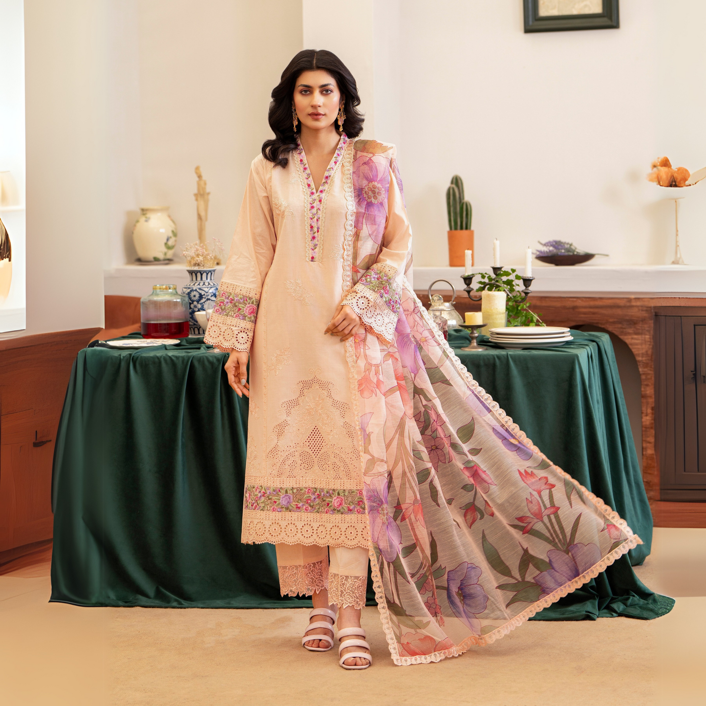 UKC-22 (Pale Peach) Chikenkari Cambric Cotton Ready to Wear Eid Collection 3 Pc - Karma Collection
