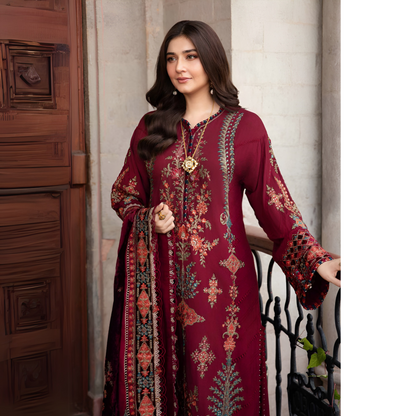 (Maroon) Embroidered Luxury Velvet Twill Linen Suit | 3 Pc | Winter Collection | MARIA.B