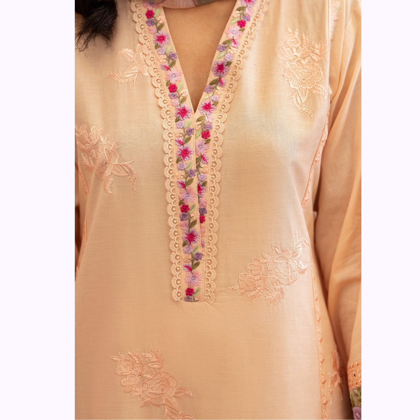 UKC-22 (Pale Peach) Chikenkari Cambric Cotton Ready to Wear Eid Collection 3 Pc - Karma Collection