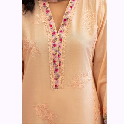 UKC-22 (Pale Peach) Chikenkari Cambric Cotton Ready to Wear Eid Collection 3 Pc - Karma Collection