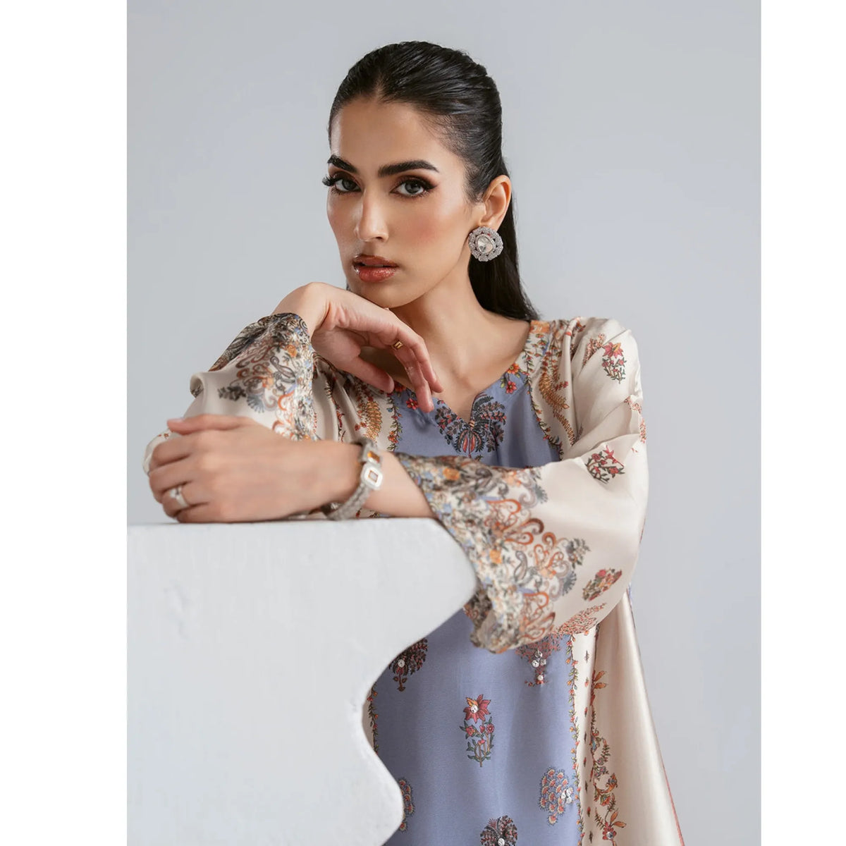UAL-09 Printed Silk Kaftan with Trouser 2 Pc Set | Ally's