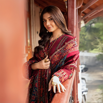 (Maroon) Embroidered Luxury Velvet Twill Linen Suit | 3 Pc | Winter Collection | MARIA.B