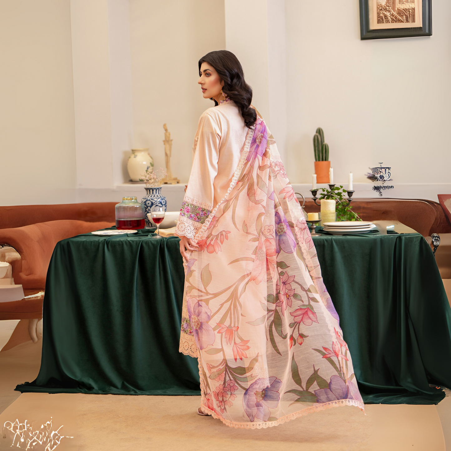 UKC-22 (Pale Peach) Chikenkari Cambric Cotton Ready to Wear Eid Collection 3 Pc - Karma Collection