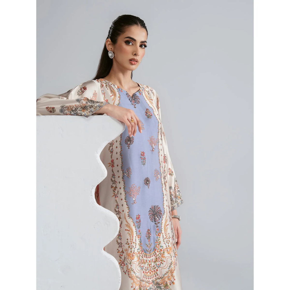 UAL-09 Printed Silk Kaftan with Trouser 2 Pc Set | Ally's