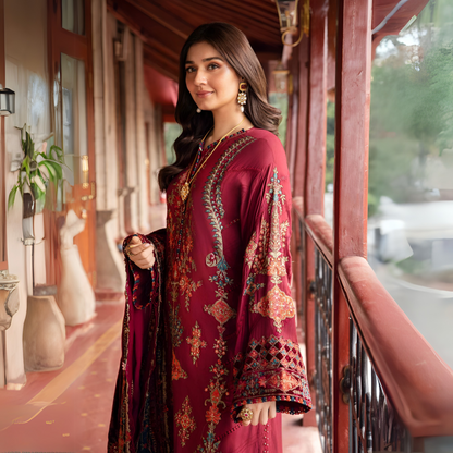 (Maroon) Embroidered Luxury Velvet Twill Linen Suit | 3 Pc | Winter Collection | MARIA.B