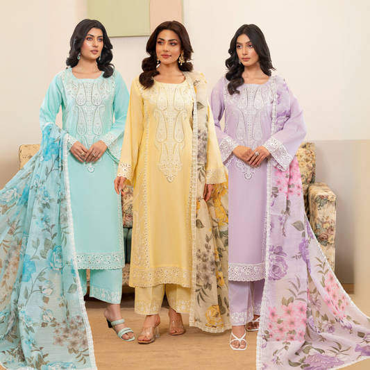 UKC-23 Chikenkari Cambric Cotton Ready to Wear Eid Collection 3 Pc - Karma Collection