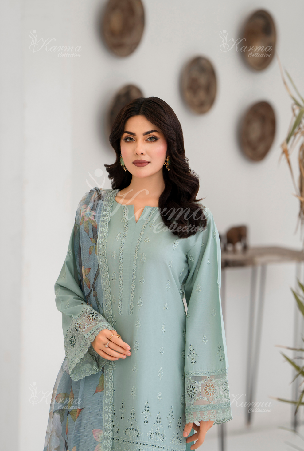 KC- 1394 | Mint Blue | 3 Pc | Chikenkari Cotton Lawn | Karma Collection