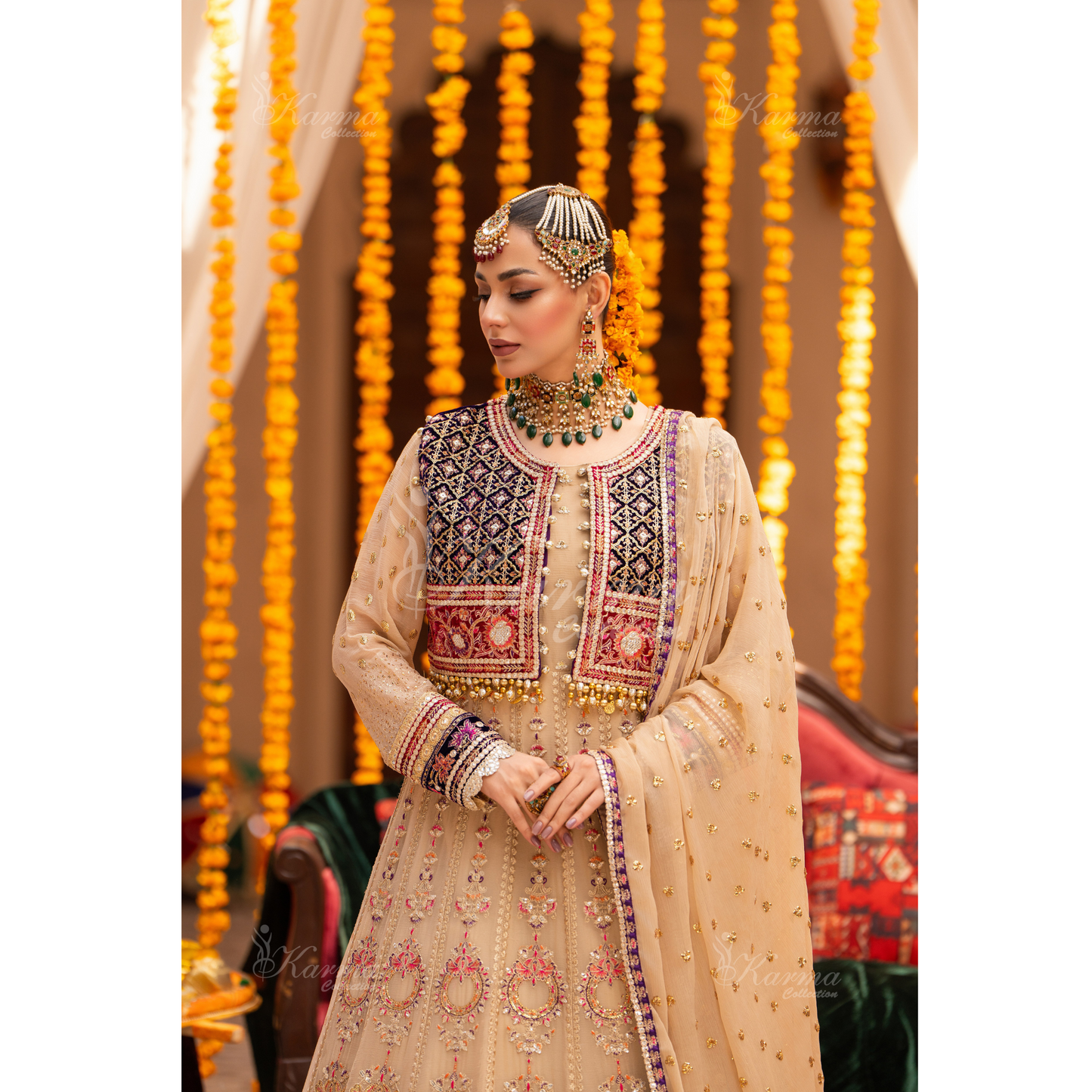 Luxury Embroidered  chiffon long Maxi with velvet jacket | Wedding Collection | karma Collection | UMKC01401