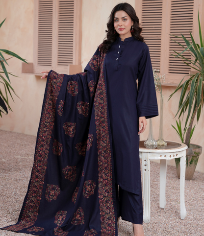 (Navy Blue) 3 Pc Dhanak Dress with Embroidered Wool Shawl Dupatta | Winter Wear | RANIYA.H