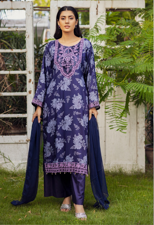 Purple | Printed Linen Shirt & Trouser With Chiffon Dupatta| Ready to Wear 3 Pc dress - Rangz