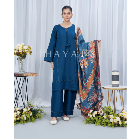 (Blue) Khaddar Dress with Shawl |3 Pc| Winter Collection | Hayats