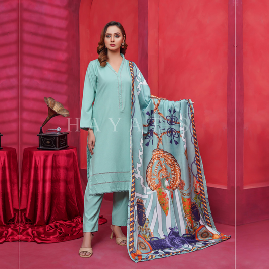 (Cyan Opaque) Dhanak Dress with Wool Shawl |3 Pc| Winter Collection | Hayats