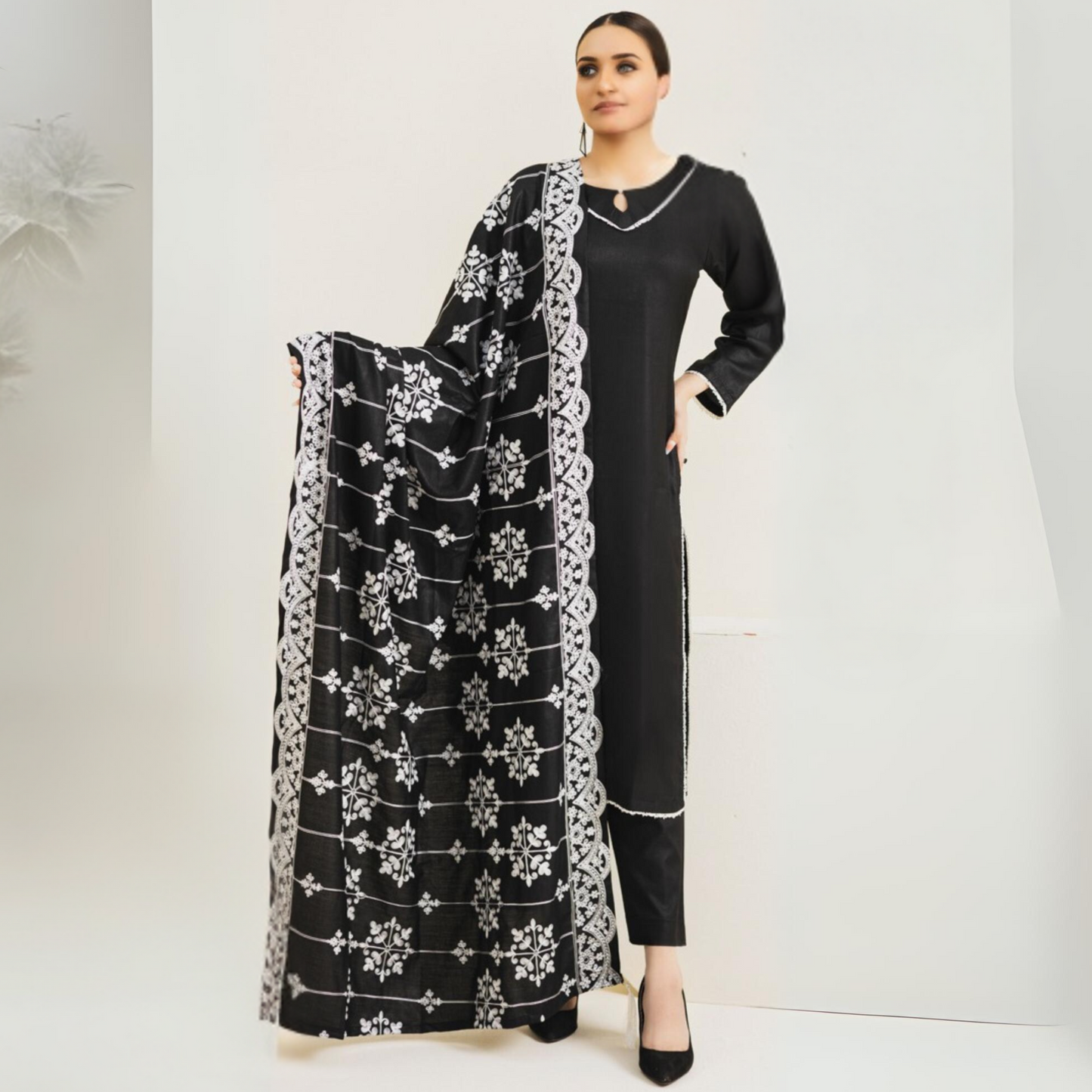 (Black) 3 Pc Dhanak Dress with Embroidered Dhanak Shawl | Winter Collection | Rangz