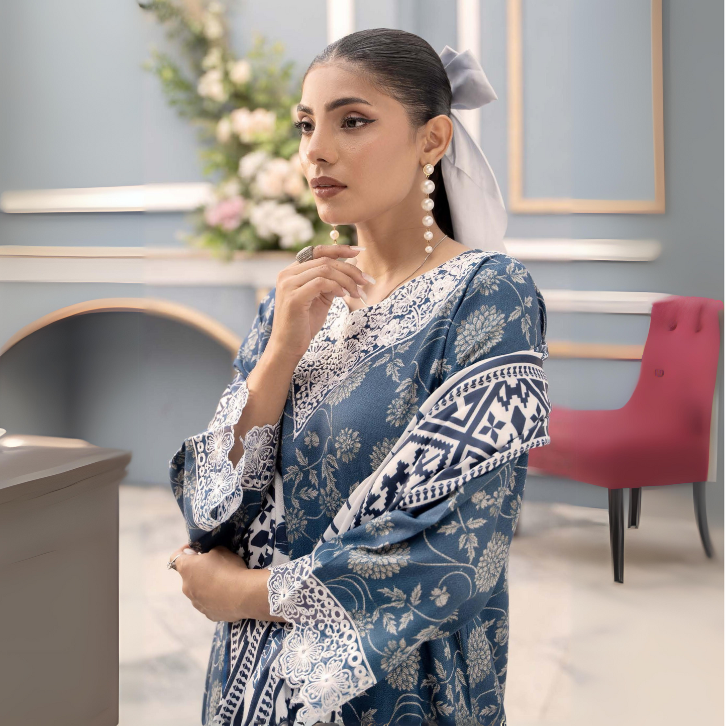 (Blue) Embroidered Printed Dhanak Dress with Dhanak Shawl | Winter Collection | Raniya.h