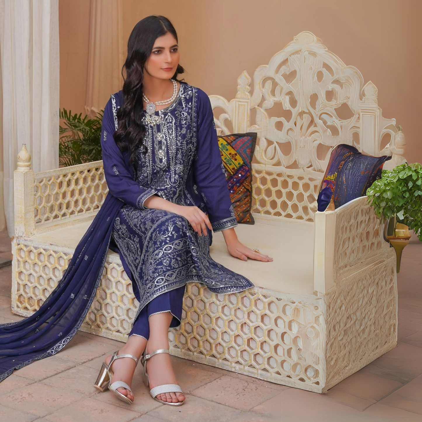 Luxury Embroidered Viscose Linen Dress 3 Pc | Winter Collection | Umnaa