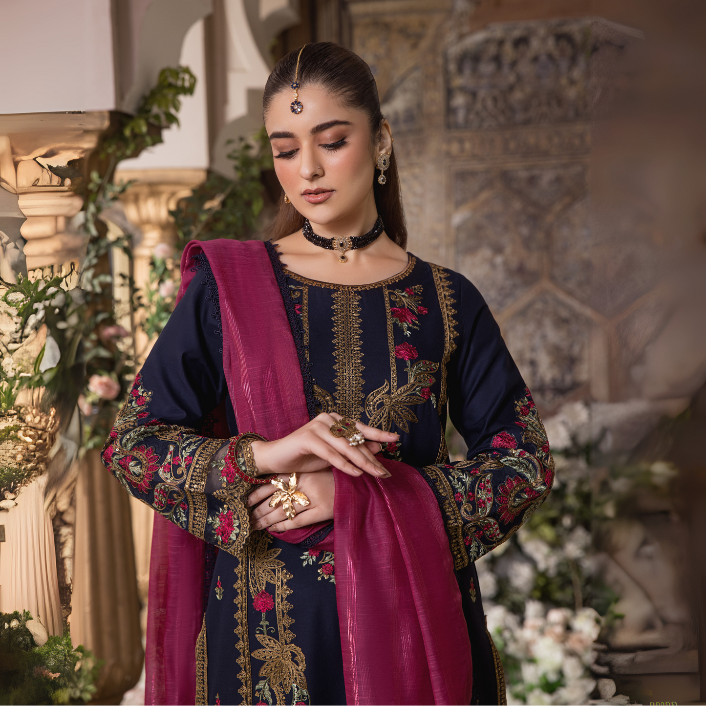 (Navy) 3 Pc Embroidered Cambric Cotton Ready to Wear Dress | Eid Wear | Heera's