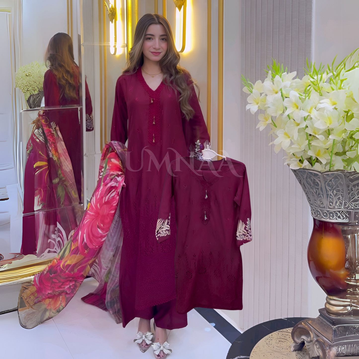 3 Pc Luxury mother daughter Embroidered Linen Collection-UMNAA
