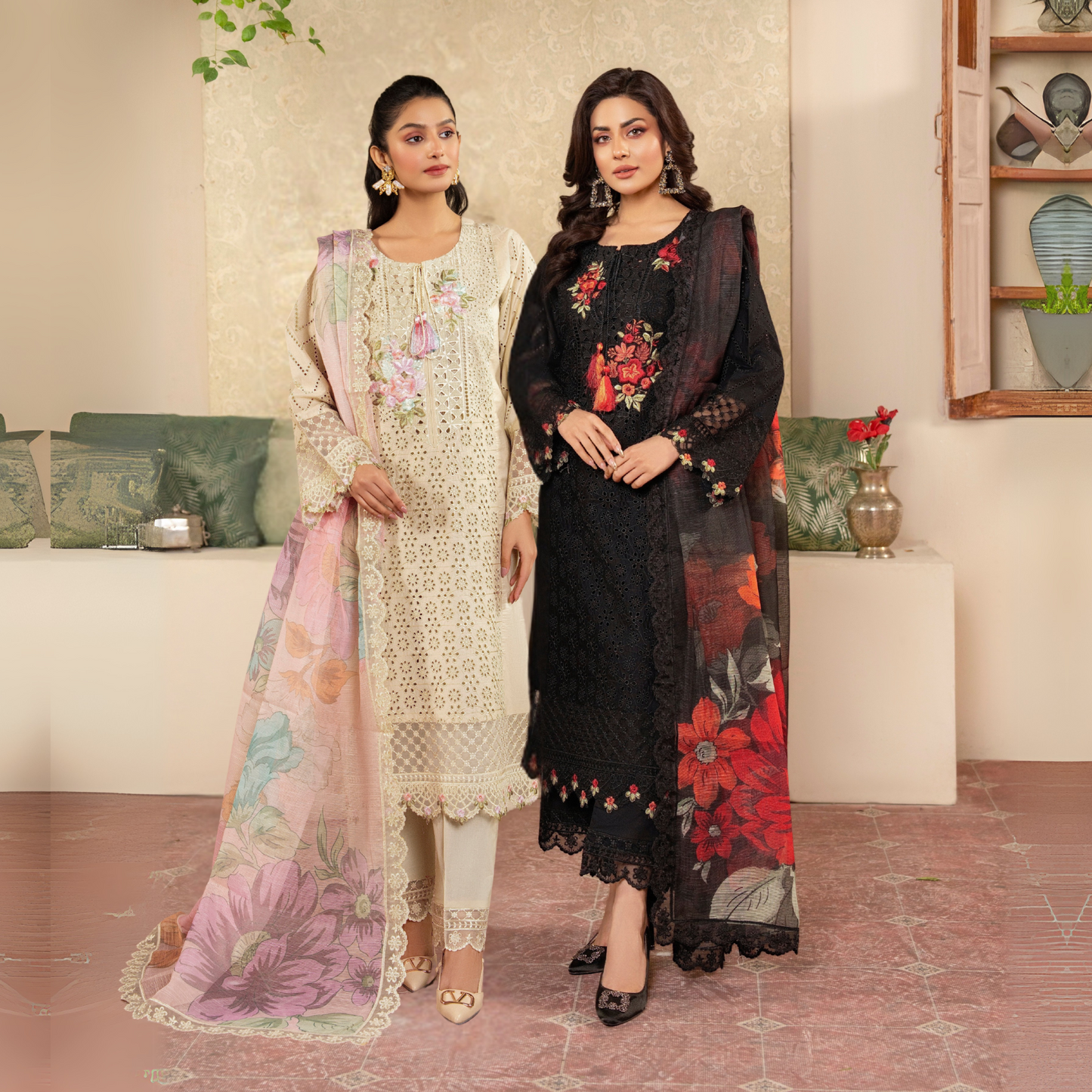 UKC-26 Embroidered Chikenkari Cambric Cotton Ready to Wear 3 Pc - Karma Collection