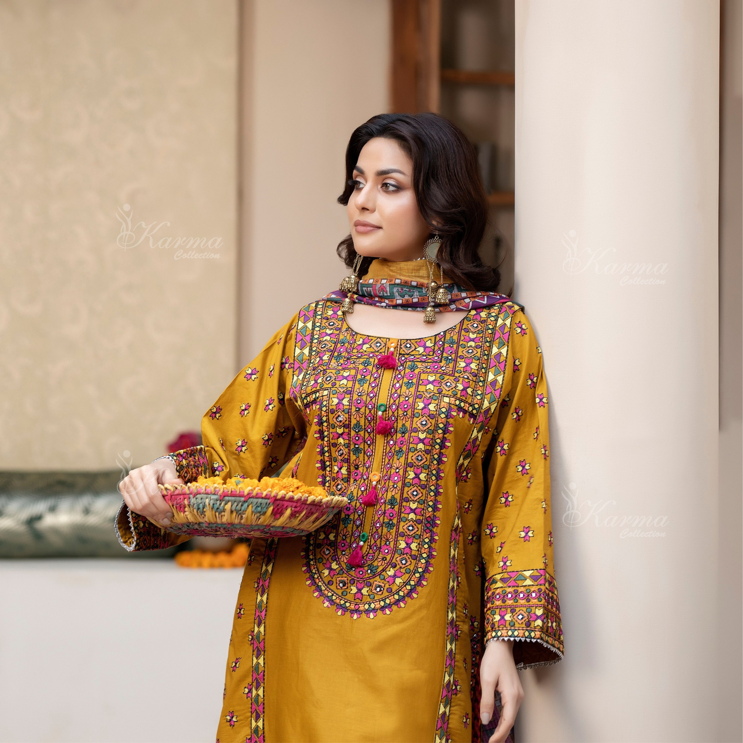 KC-1433 Embroidered Cambric Cotton Farshi Shalwar Kameez Ready to Wear 3 Pc - Karma Collection