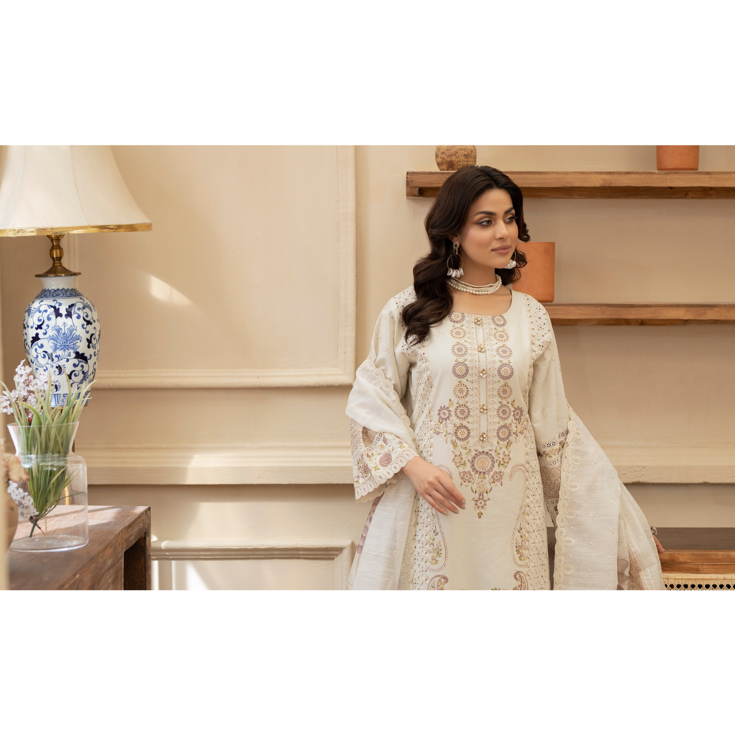 KC-1434 Embroidered Chikenkari Cambric Cotton Dress Ready to Wear 3 Pc - Karma Collection
