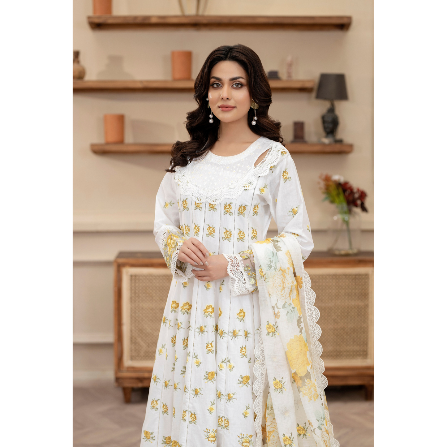 KC-1436 Embroidered Cambric Cotton long Frock Dress Ready to Wear 3 Pc - Karma Collection