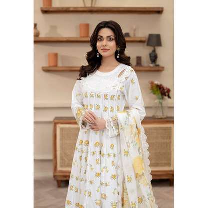 KC-1436 Embroidered Cambric Cotton long Frock Dress Ready to Wear 3 Pc - Karma Collection