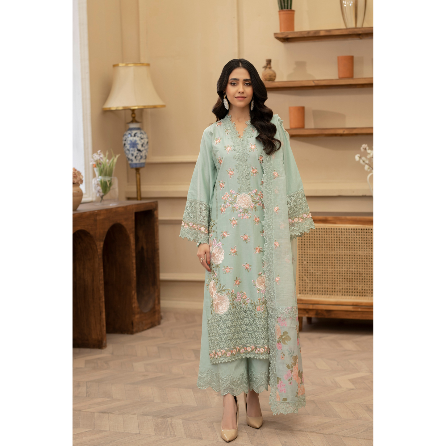 KC-1437 Embroidered Cambric Cotton long Frock Dress Ready to Wear 3 Pc - Karma Collection