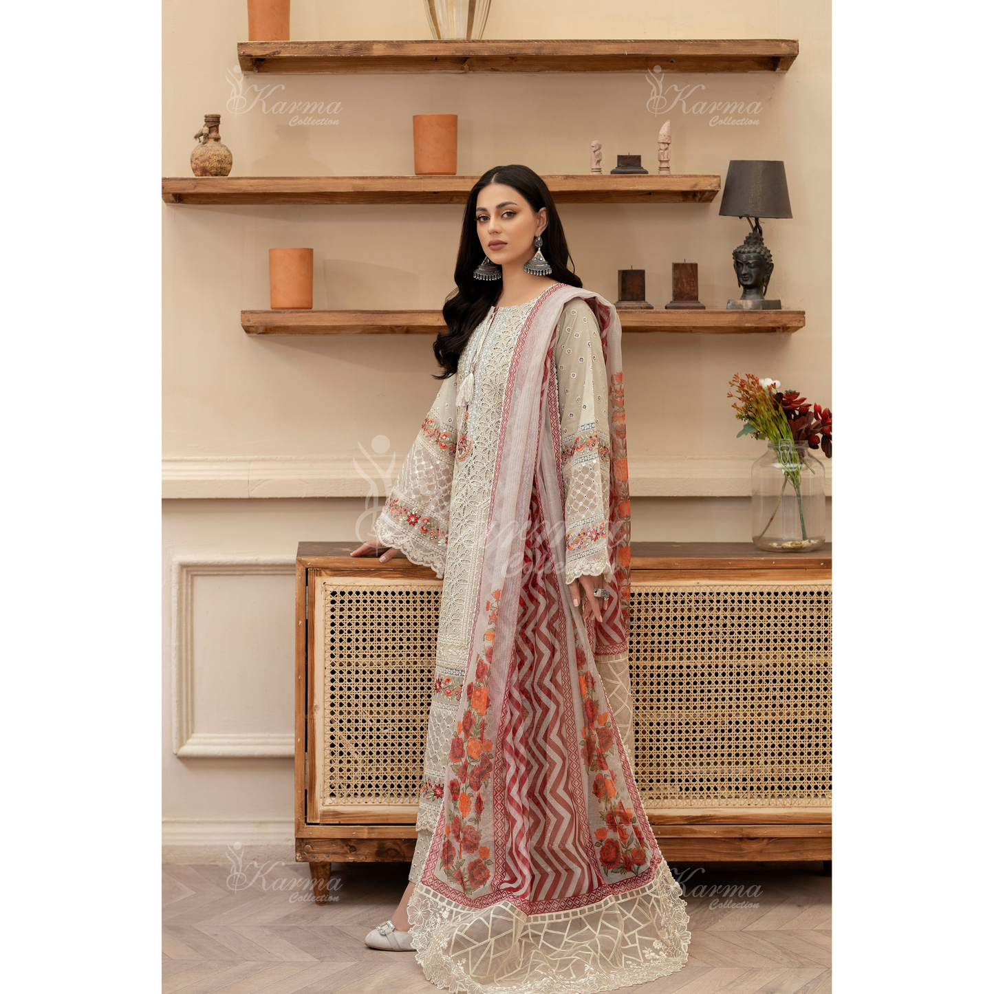 KC-1431 Embroidered Cambric Cotton Dress Ready to Wear 3 Pc - Karma Collection