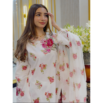 UA-68 (Cream) Embroidered Cambric Cotton 3 Pc Pakistani Dress | UMNAA
