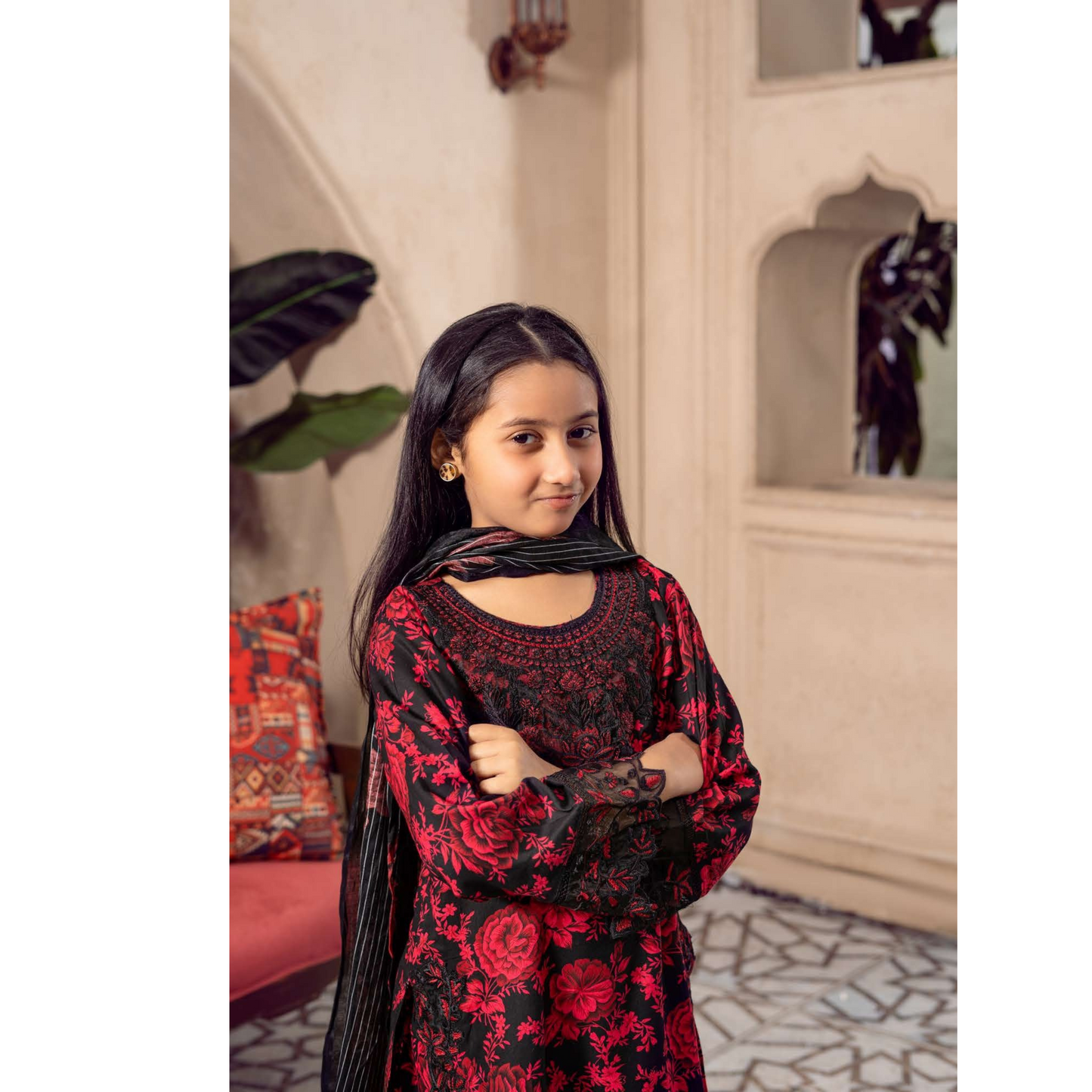 3 Pc Mother n Daughter Linen Embroidered Printed Dress | Festive Collection | Rangz
