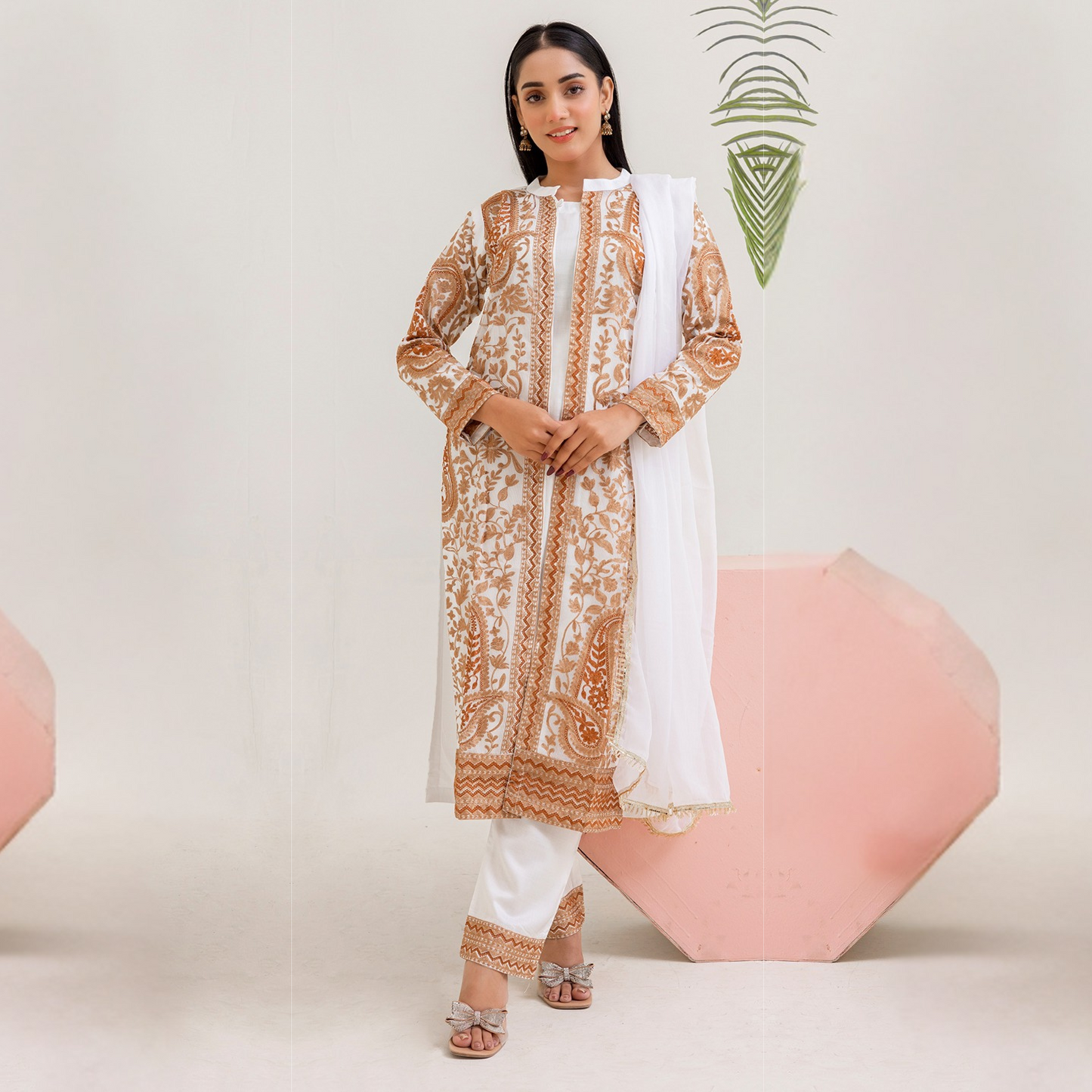 UMRZ-44 Embroidered Linen Coat Style Shirt with Pocket Trouser Dress and Chiffon Dupatta 3 Pc |Ready to Wear| Rangz