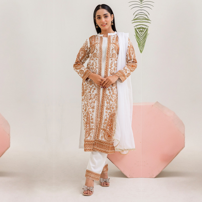 UMRZ-44 Embroidered Linen Coat Style Shirt with Pocket Trouser Dress and Chiffon Dupatta 3 Pc |Ready to Wear| Rangz