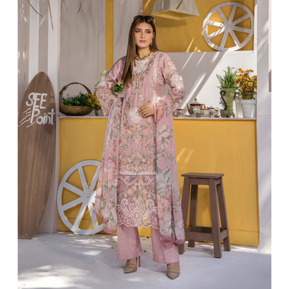 Floral Embroidered Viscose Linen 3 Pc Pakistani Dress | Ready to wear | Traditional Thread