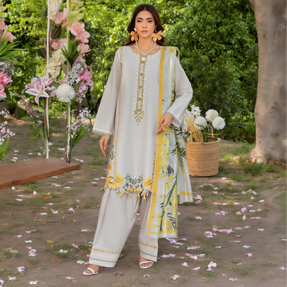 UHE-51 (Beige) 3 Pc Embroidered Cambric Cotton trending Farshi Shalwar ready to wear Dress | Summer Wear | Heera's