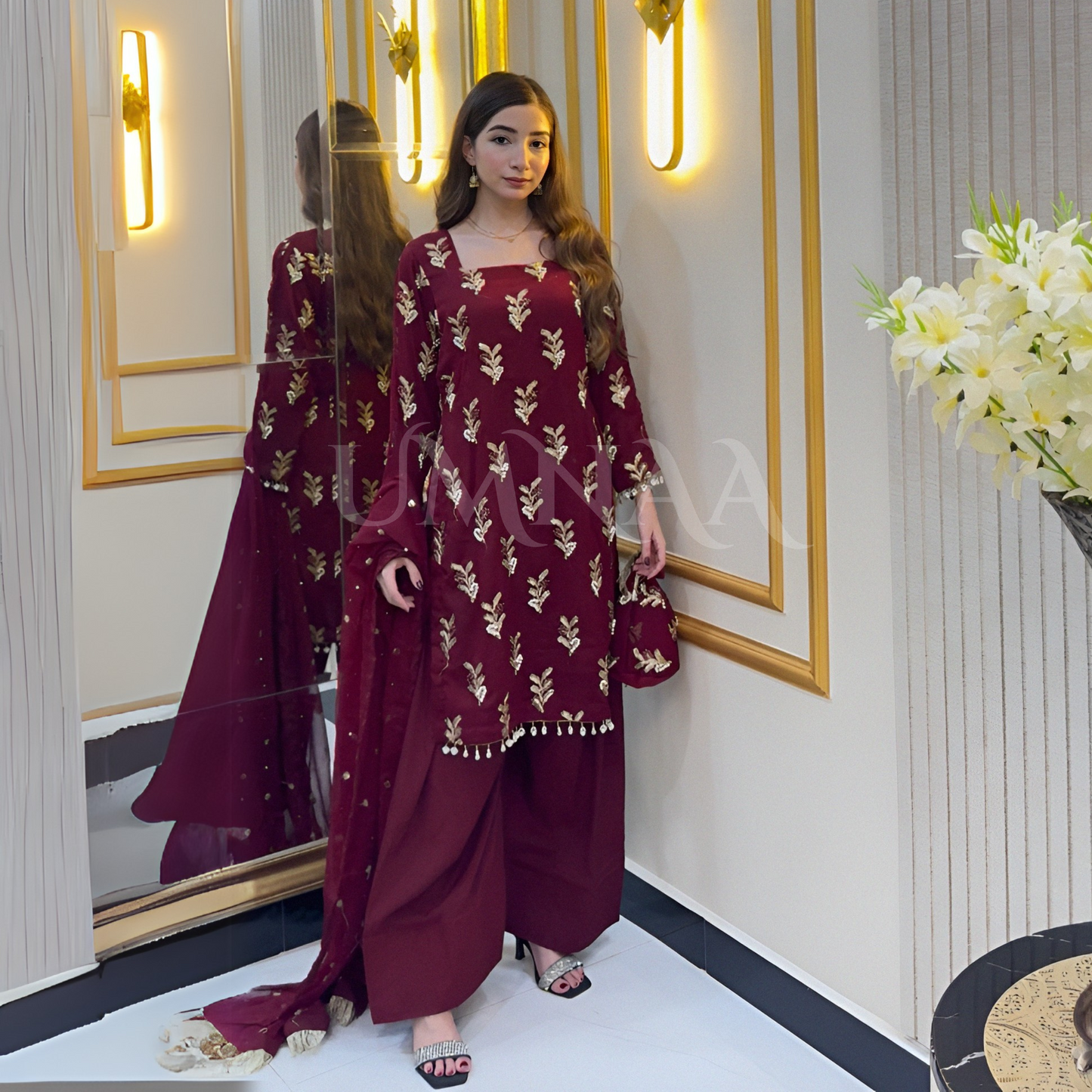 Embroidered Chiffon Luxury Trendy Farshi Shalwar with Potli Festive Collection- Umnaa