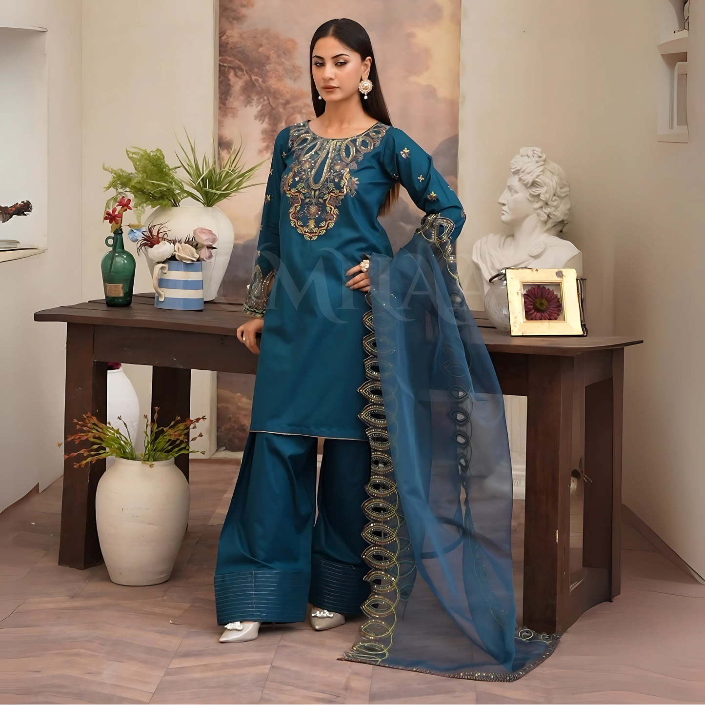 (Teal Blue) Luxury Cambric Cotton Farshi Shalwar Ready to Wear Pakistani Dress | Umnaa