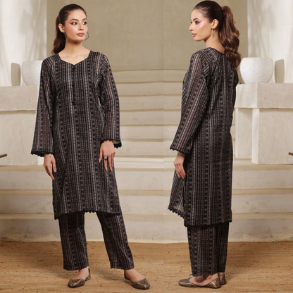 2 Pc Printed Lawn Monochrome Co-Ords Dress - Saphron