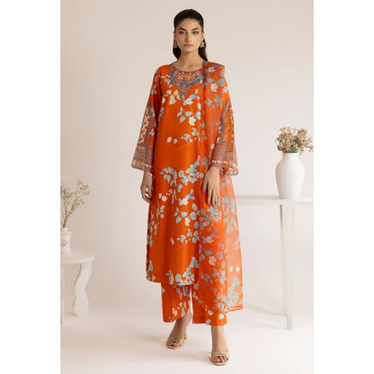 (Orange) 3 Piece "Dastaan" Embroidered Lawn Dress - Esra Fashion