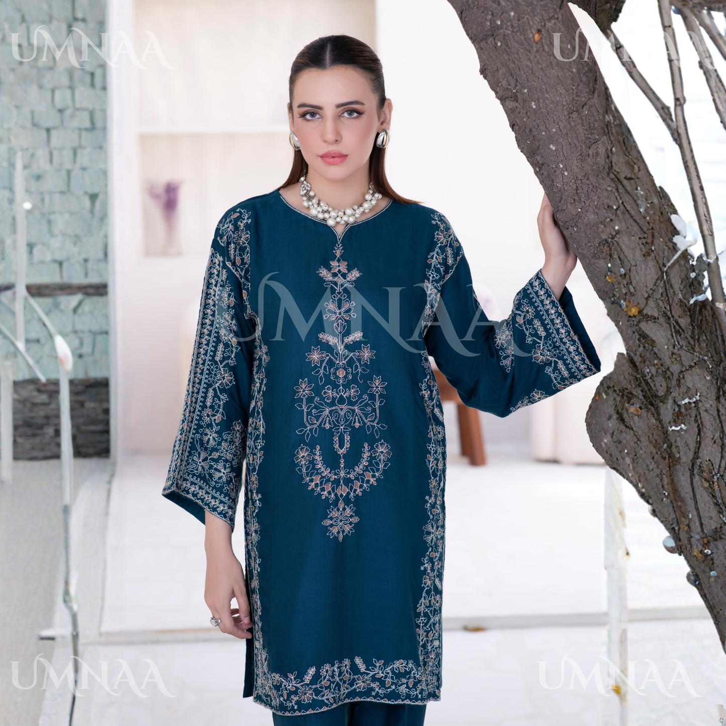 UA-146 Embroidered Linen dress with Pashmina Shawl | Umnaa