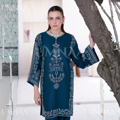 UA-146 Embroidered Linen dress with Pashmina Shawl | Umnaa