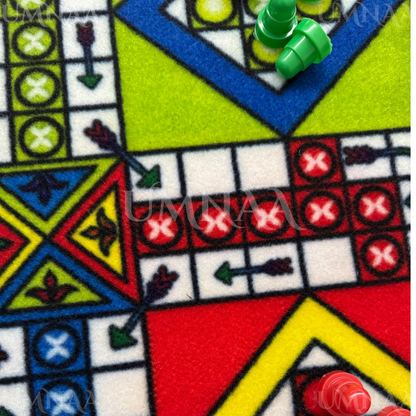 Ludo Carpet Mat – Soft Foldable Ludo Game Rug with 2 Dice & Full Token Set | Large Floor Ludo Board