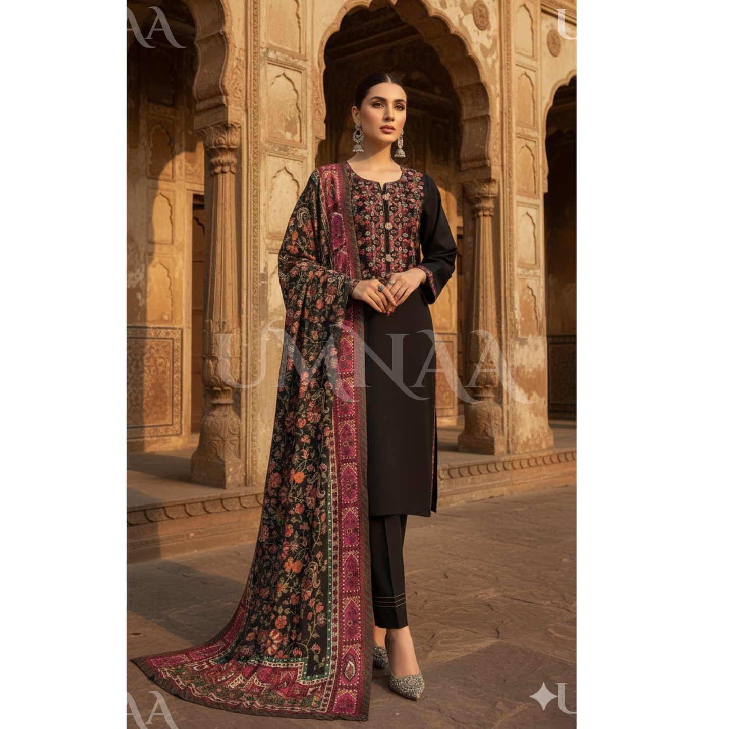 UA-161 Embroidered Dhanak dress with Pashmina Shawl by Umnaa