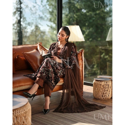 UA-175 Festive Palachi Velvet Dress with Chiffon Dupatta 3 Pc Collection by Umnaa