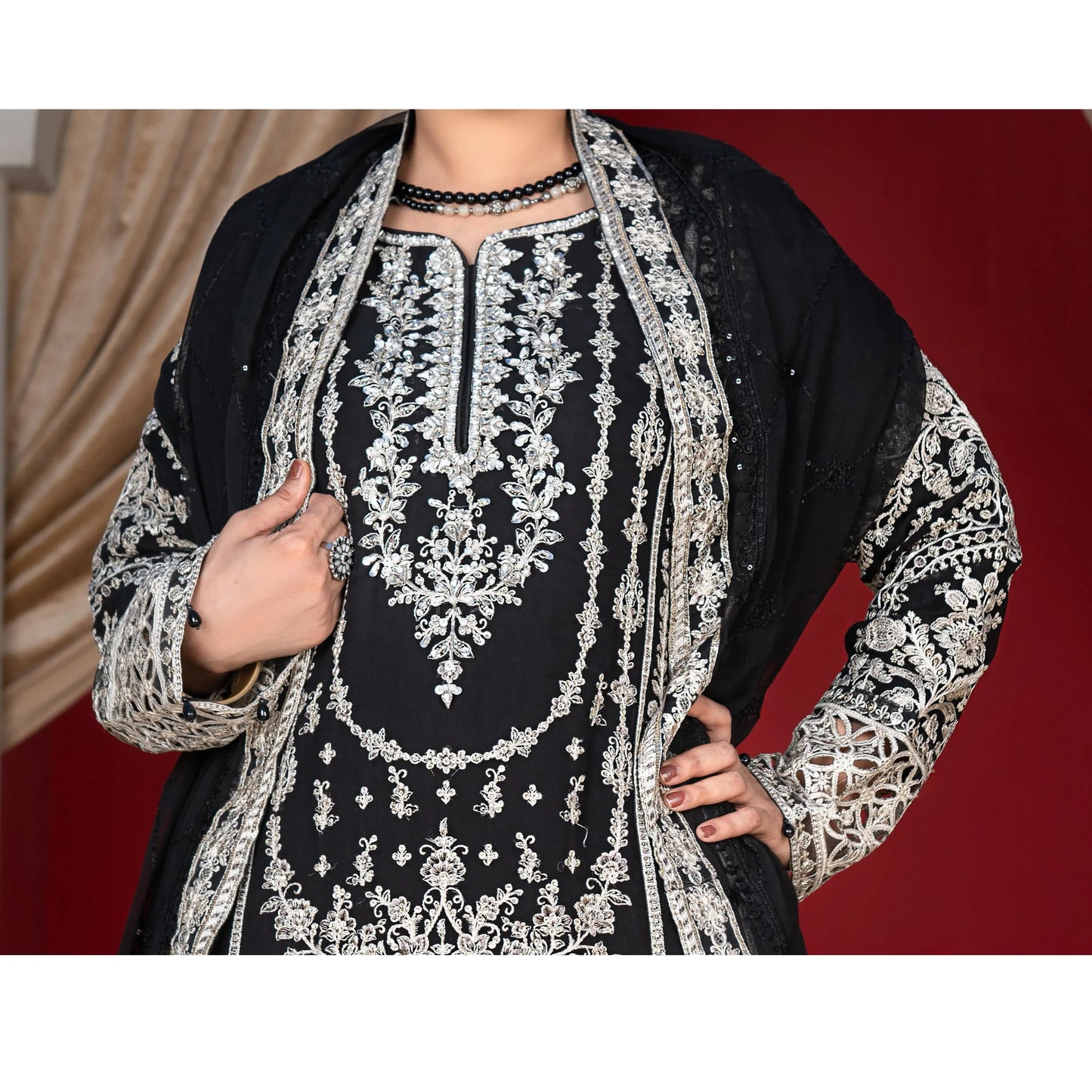 UA-181 Black Embroidered Festive Chiffon Dress by Umnaa