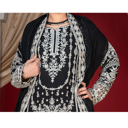 UA-181 Black Embroidered Festive Chiffon Dress by Umnaa