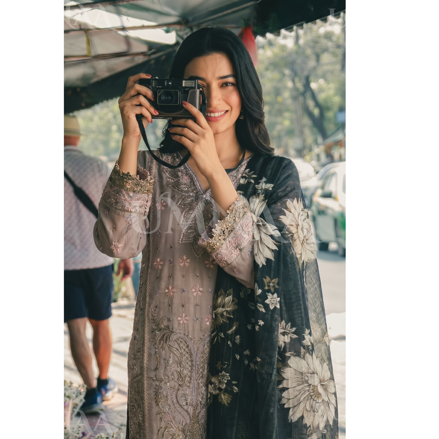 UB-01 3 Pc Embroidered Linen Dress With Cotton Silk Printed Dupatta  By UB